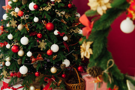 Christmas tree with gifts red decor new year interior