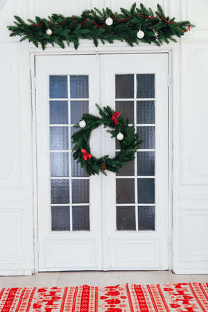 Classic New Year Tree decorated in grunge room interiorの写真素材