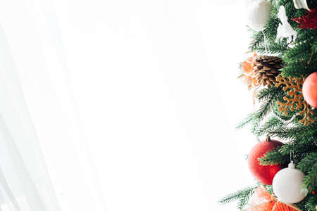 Christmas tree lights garlands for new year white backgroundの写真素材