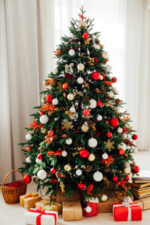 Christmas tree with gifts of garland lights for the new year in the interior of the white room as a...