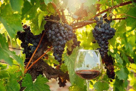 bunches of ripe grapes before harvesting for wine