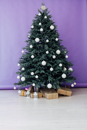 Christmas tree pine with gifts interior decor new year winter holiday