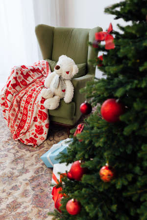 Christmas decor home Christmas tree with gifts for the new yearの写真素材