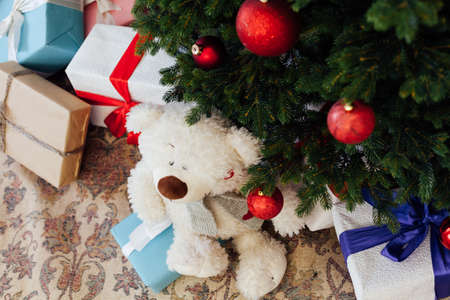 Christmas decor home Christmas tree with gifts for the new yearの写真素材