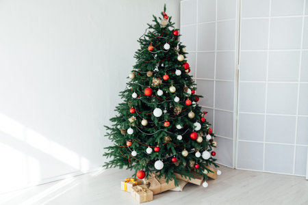 New Years Eve Christmas tree interior with holiday decor gifts