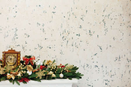 Christmas tree twigs with decor for the new year place for inscriptionsの写真素材