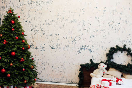 Christmas tree with gifts for new year bedroom holiday winterの写真素材