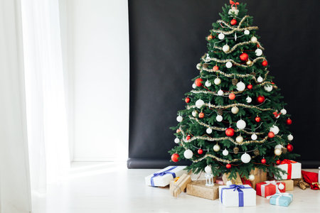 New Years Home Christmas Tree with gifts decor holiday black background