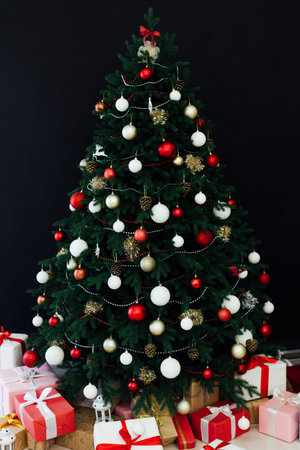 New Years Home Christmas Tree with gifts decor holiday black background