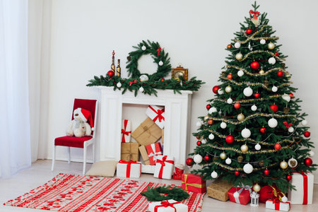 Christmas home fireplace Christmas tree christmas tree New Year presentsの写真素材