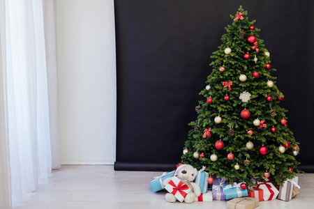 New year happy holiday interior Christmas tree decor giftsの写真素材