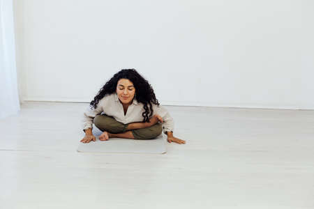 yoga fitness gymnastics beautiful brunete woman sportの写真素材