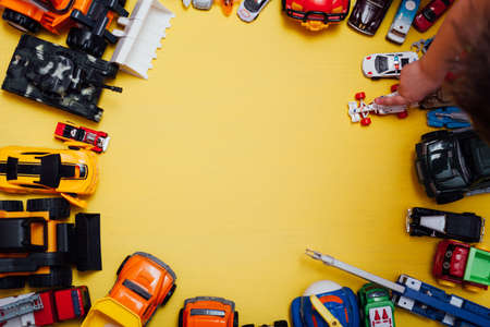 lots of childrens toy machines on the backgroundの写真素材
