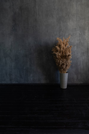 one vase with a dry flower in dark room on a black floorの写真素材