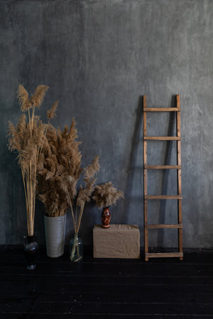 shelf with decorative flowers in a dark room on a gray backgroundの写真素材