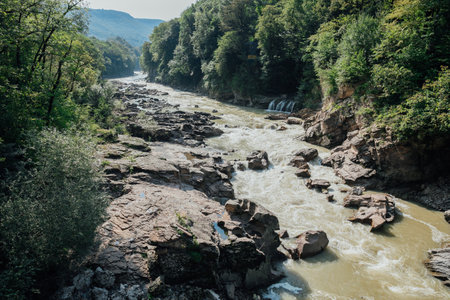mountain stream among the rocks in the forest in nature journey hikingの写真素材