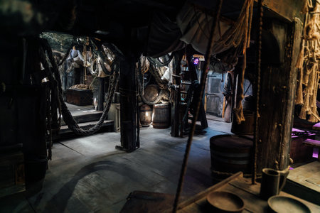 Old vessel boat with antique artillery weaponsの写真素材