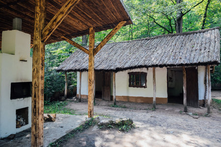 white house with thatched roof and wooden canopyの写真素材
