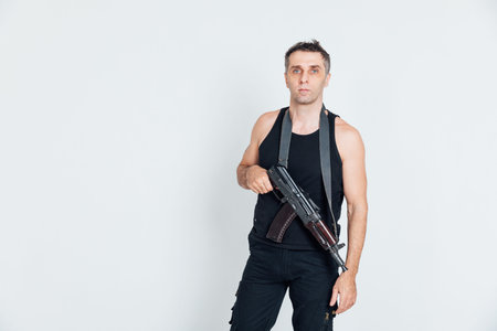 military man on white background machine gun