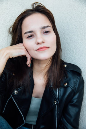 a close-up portrait of a brunette womanの写真素材