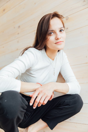 Portrait of a beautiful woman 25 years old with dark hairの写真素材