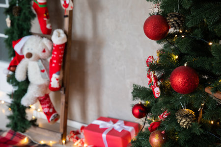 christmas tree decoration in the interior of the house garland new yearの写真素材
