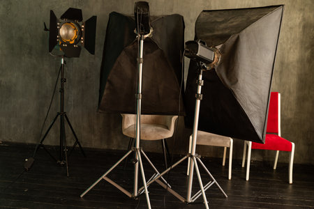 flashes chairs in a photo studio for photosの写真素材