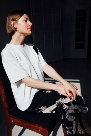 Portrait of a beautiful fashionable woman with short hairの写真素材