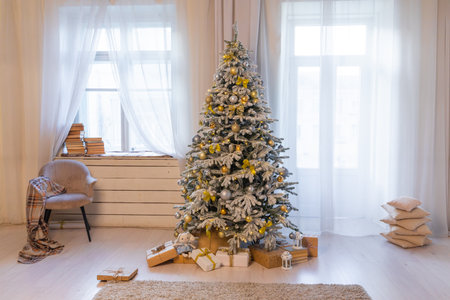 White christmas tree in interior without peopleの写真素材