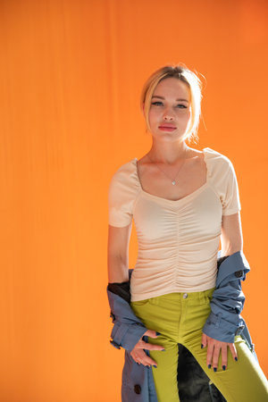 Portrait of a beautiful young blonde woman with a smileの写真素材