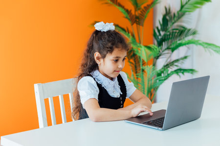 Little girl studying at desk with laptop online at schoolの写真素材