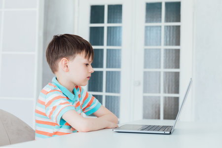 schoolboy sitting at table with laptop online