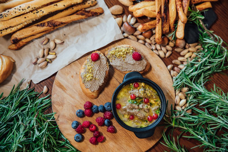 food prepared by the chef in the kitchen with bread as backgroundの写真素材