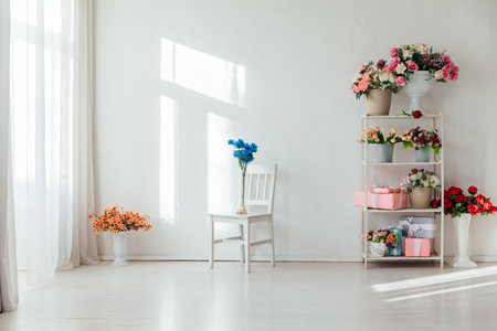 shelves with different colors and vintage chair in the interiorの写真素材