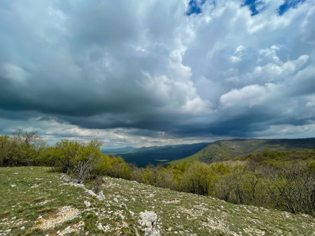 scenery from the top of the mountain to the green forest on the journeyの写真素材