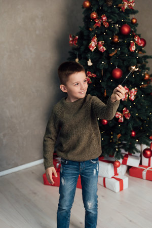 Boy smiling with sparklers at christmas treeの写真素材
