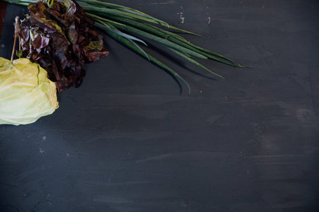 Vegetables, cabbage and salad on a dark gray background