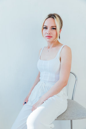 Beautiful gentle blonde woman in white clothesの写真素材