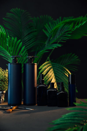 Bottles of cosmetics and shampoos on a dark background with leavesの写真素材