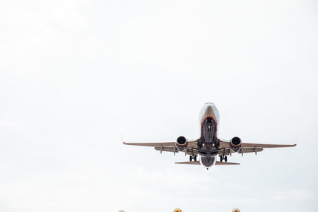 A passenger plane lands at the airport niceの写真素材