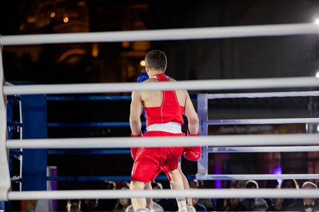 Fight of two boxers in gloves in a sports ring