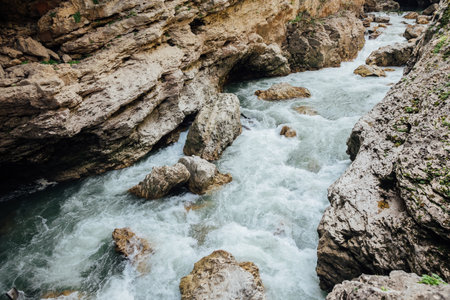 Bubbling mountain river in green forest landscapeの写真素材