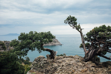 Beautiful landscape, rocks, sea and blue sky with cloudsの写真素材