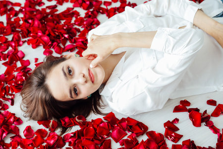 Brunette woman in white shirt lying on red rose petalsの写真素材