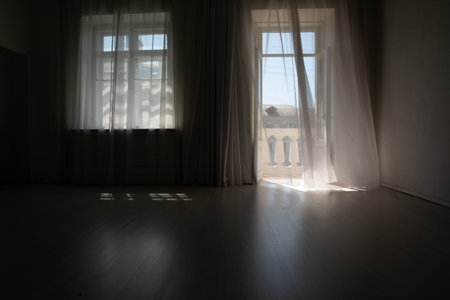 Interior of an empty white room with a window and a doorの写真素材