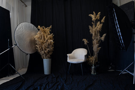Photo Flashes and Chair with Flowers on Black Background Photo Studio
