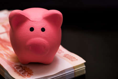Close-Up of a pink piggy Bank On a Black Background, sitting on a bundle of money, rubles. With space for text.の写真素材