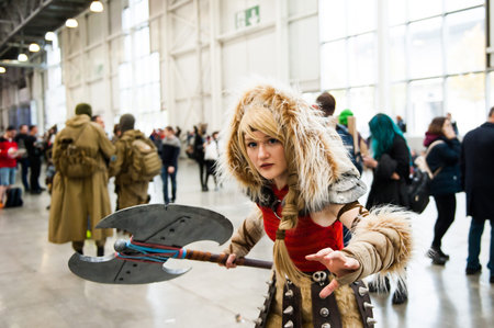 Moscow, Russia-October 06, 2019: IgroMir 2019 and Comiccon Russia 2019. Girl Cosplayer Astrid from...