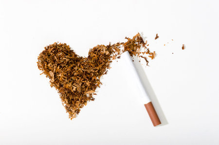 A heart made of cigarette tobacco is broken by a cigarette. The concept of world no tobacco day....