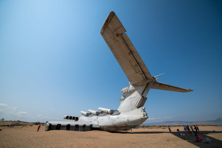 DERBENT, RUSSIA-AUGUST 30, 2021: Rocket ship-ekranoplan Lun on the shore of the Caspian Sea, rear...